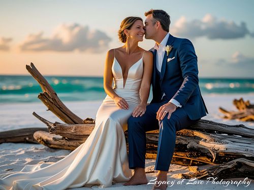 Bride and groom posing on Boneyard Beach at sunset among driftwood on Big Talbot Island, Florida