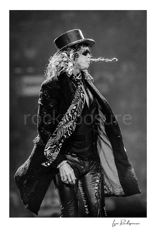 Vertical black and white image of Steven Tyler of Aerosmith performing live on stage in a top hat, dark sunglasses, long coat, and patterned scarf
