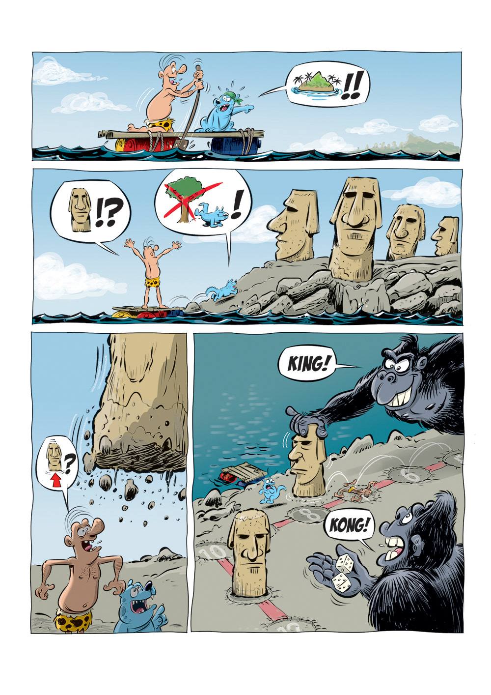 Strippagina met caztar die op een vlot aan paaseiland komt. Eenmaal aan land merkt die dat er reuze gorilla's schaakspel spelen met de beelden. Caztar zit middenin het spel.
