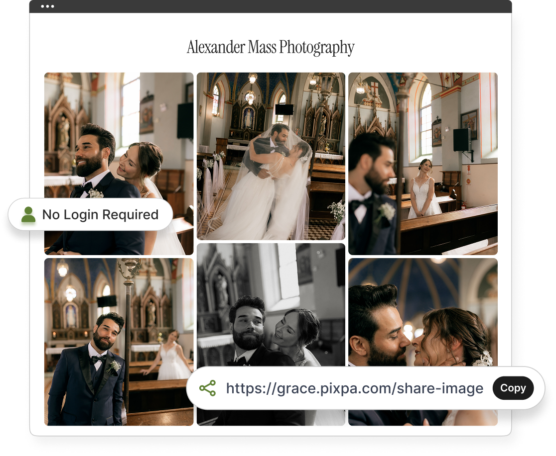 Client gallery shared with a single link &mdash; no login required