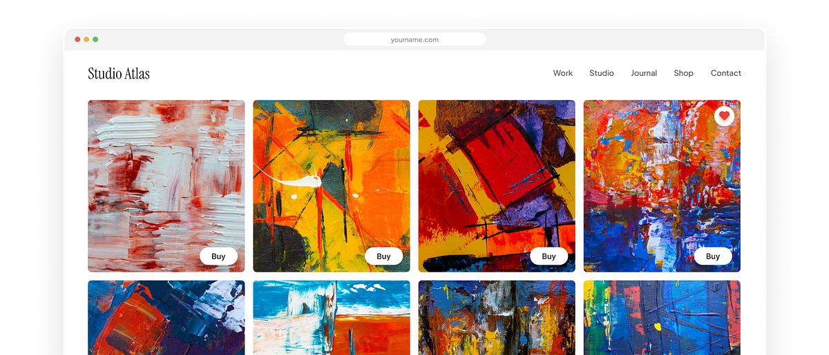 Artist website builder showing a gallery of original work on Pixpa