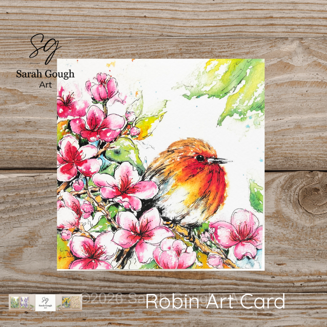 Robin and Spring Blossom | Spring Art Card | Watercolour | with Envelope