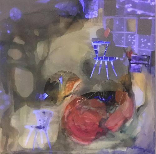 "Afterimage" (black light), 2016, Acrylic, watercolor, uv paint, collage, graphite, matches, rust, and thread on canvas and organza, 12"x12"