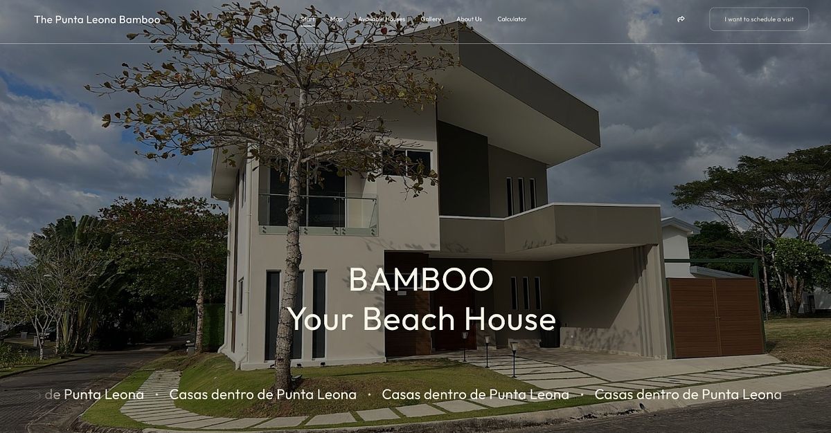 The Punta Leona Bamboo homepage with a full-bleed house photo and an 'I want to schedule a visit' button