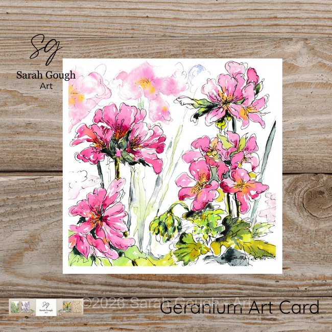 Pink Geranium | Botanical Art Card | Watercolour Original Illustration | Square | with Envelope