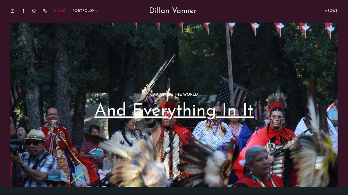 Dillan Vanner's photography one-page website, opening on a full-bleed documentary image with a small centred wordmark