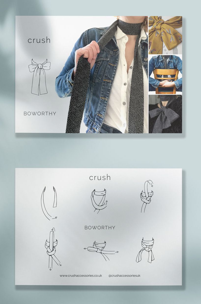 postcard of a woman wearing a narrow fabric scarf and instructions on how to tie it