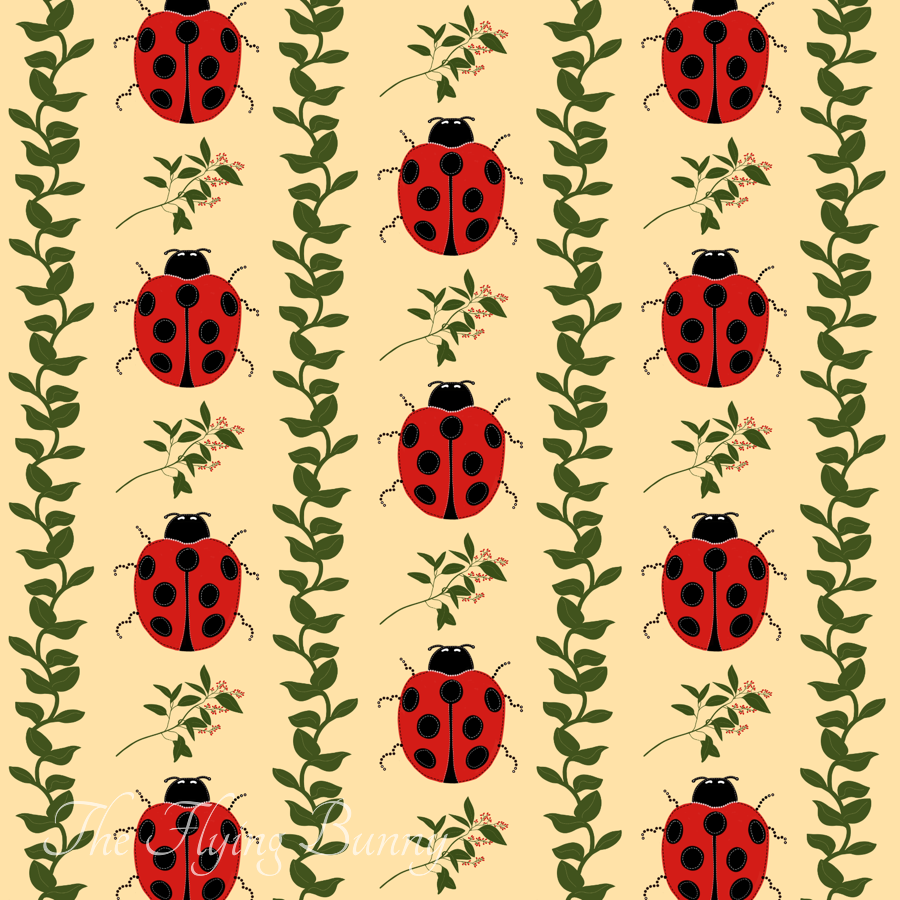 Seamless pattern of bright red ladybugs winding through delicate green leafy vines on a warm yellow background.