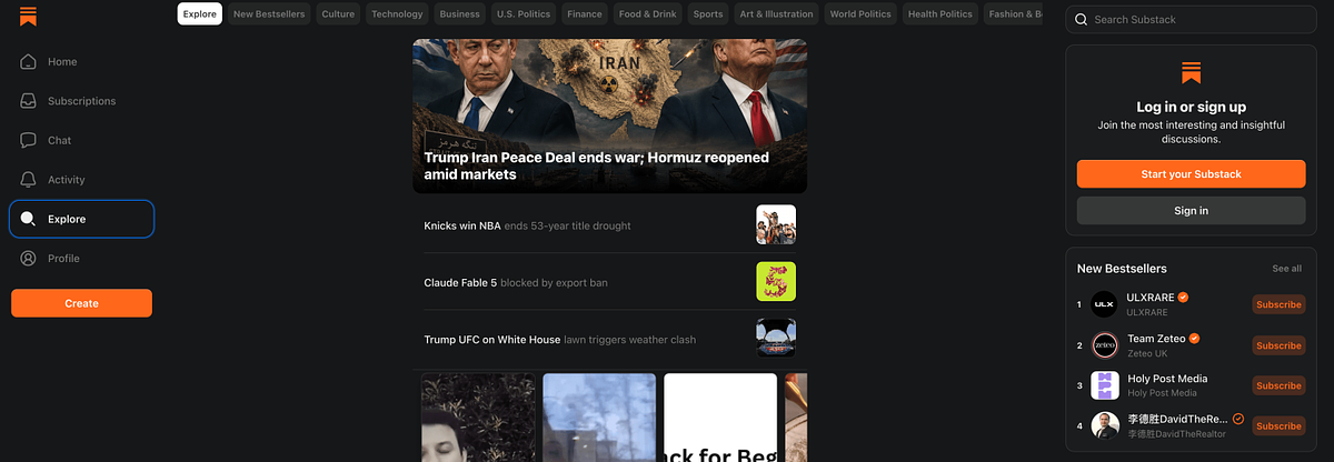 Substack homepage showing its newsletter and blogging platform