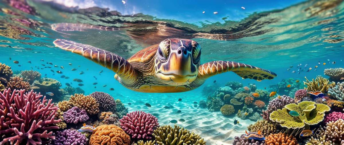 Sea turtle fine art metal print swimming in clear tropical waters - premium aluminum wall art by Mac & Mallard