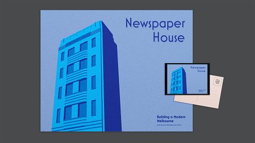 Layout presenting a retro-inspired poster and matching postcard featuring a minimalist vector illustration of the Newspaper House fa&ccedil;ade in blue tones on a light blue background.