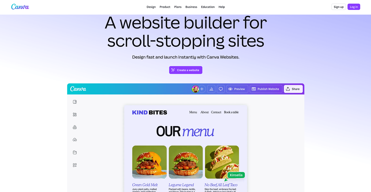 Canva Websites homepage showing the design-first website builder integrated with the Canva editor