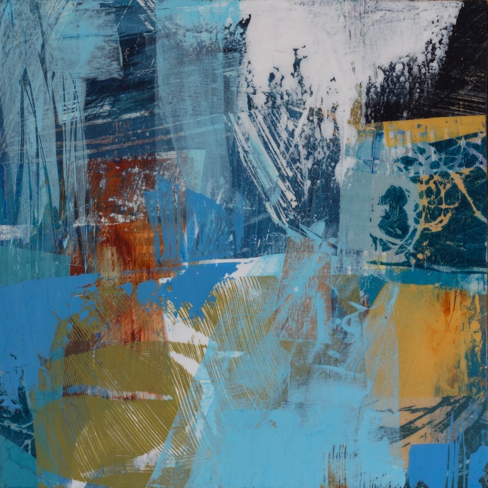 Layered abstract painting titled "Mountain Descent," measuring 30x30cm and featuring blues, ochres, and burnt orange with white touches to suggest morning mists and dewy days.