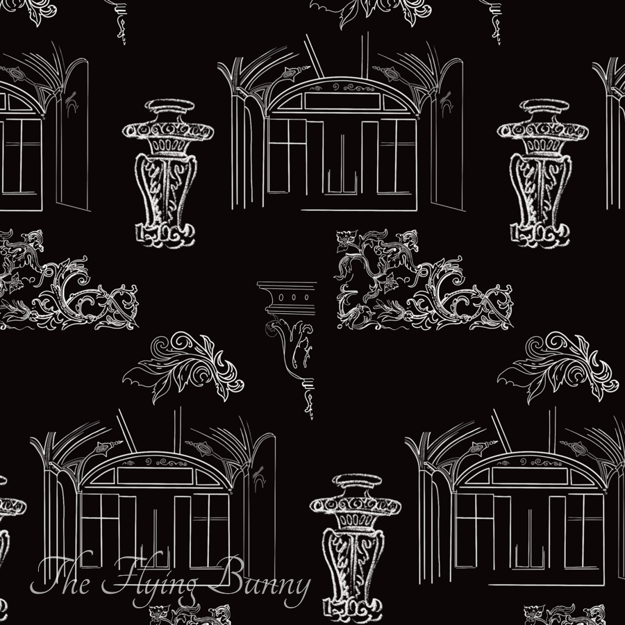 White line drawings of neoclassical arches, columns, pedestals, and ornamental flourishes arranged in a repeating pattern on a black background.