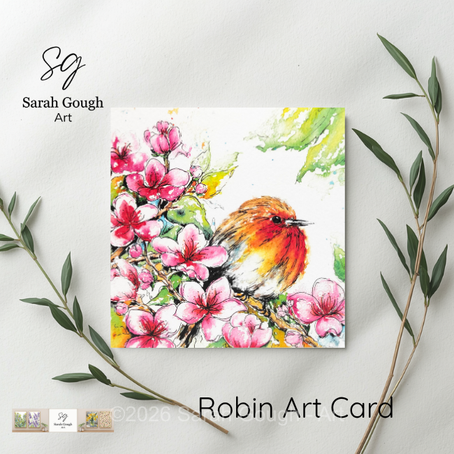 Robin and Spring Blossom | Spring Art Card | Watercolour | with Envelope
