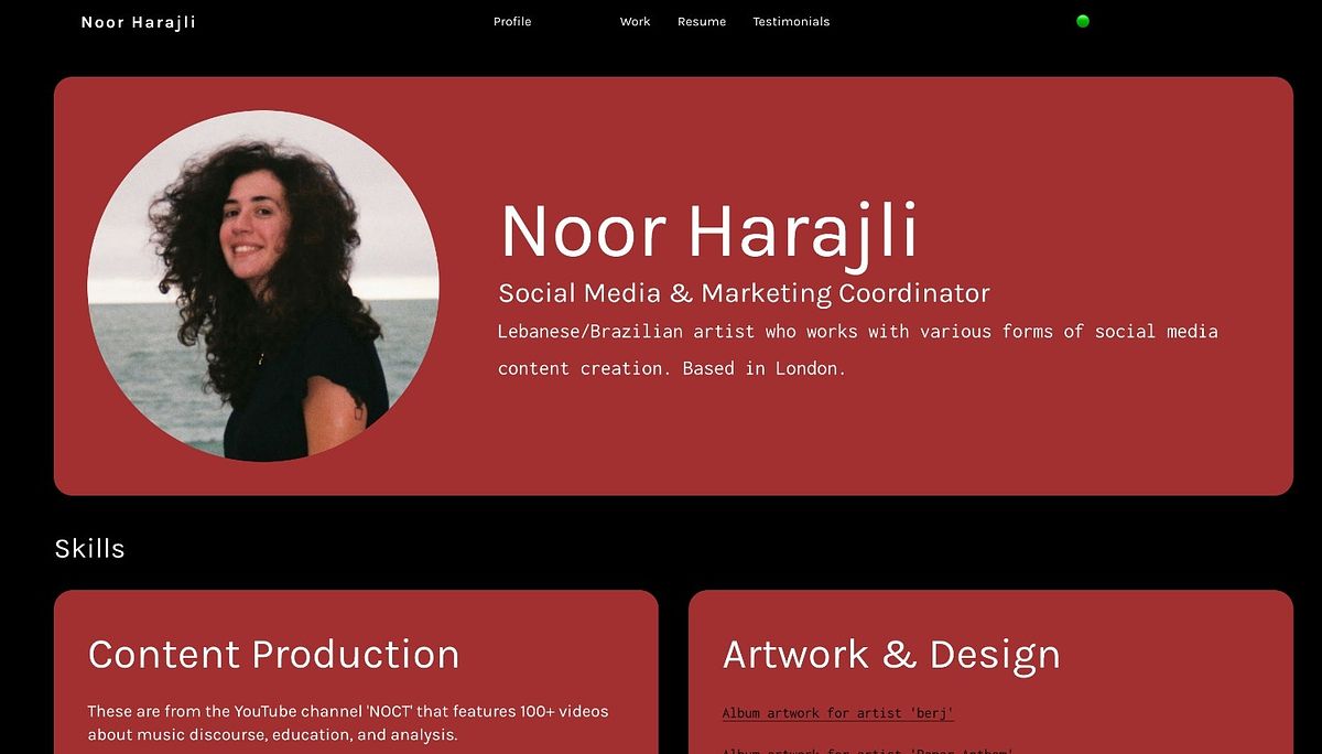 Noor Harajli's one-page website built from rounded red colour-block cards on a black background, in monospace type
