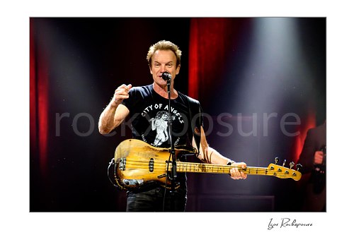 Horizontal color image of Sting performing live on stage with a bass guitar, black T-shirt, microphone stand, and red concert lighting