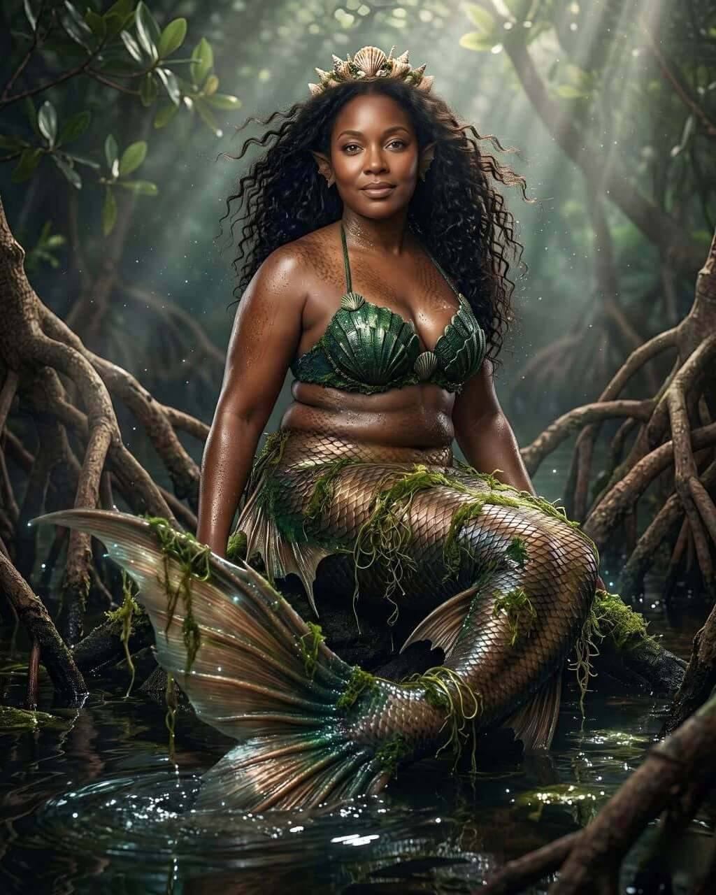 Custom AI swamp mermaid portrait featuring a mystical mermaid resting among mangrove roots, emerald waters, lush moss, and enchanted wetland scenery.