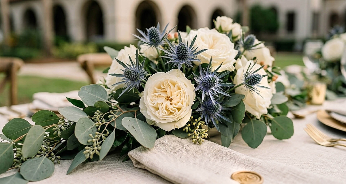 A close-up detail of a fine-art wedding floral arrangement featuring white garden roses and blue sea holly thistles on a linen-covered table at Epping Forest Yacht Club.