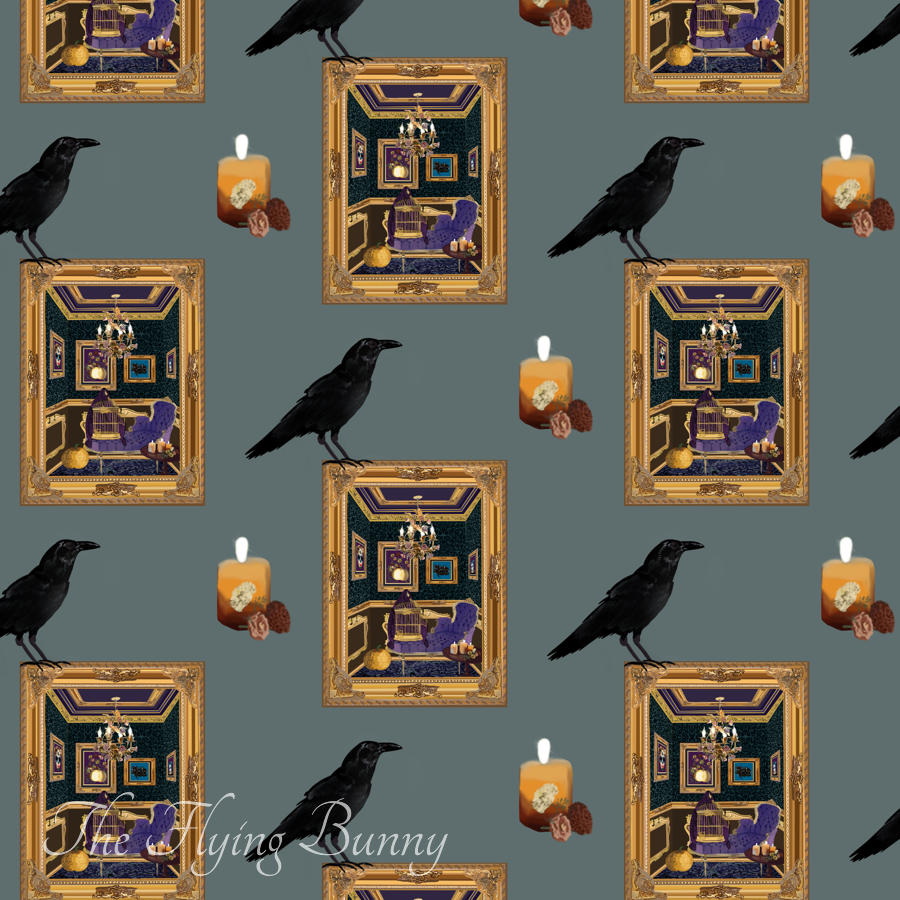 Black ravens, glowing candles, and ornate gold-framed gothic sitting room scenes arranged on a muted gray background in a repeating Halloween pattern.