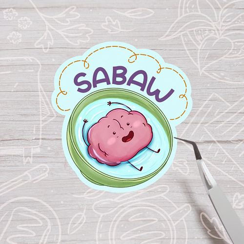 A sticker mockup of a cute brain happily floating on a bowl of soup, with a text that says "sabaw".