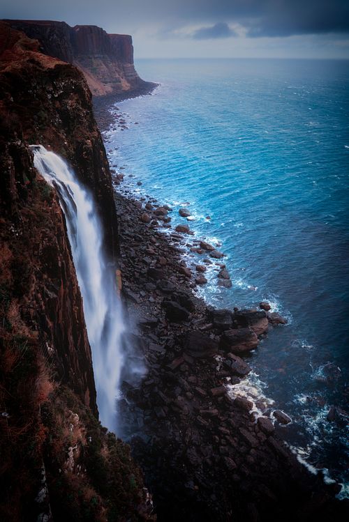 Waterfall, stream, river, creek, flowing water, long exposure, nature, landscape, travel, hiking, adventure, escape, light, rocks, moss, isle of Skye, Scotland, highlands, coast, Mealt, cliffs, ocean, waves, blue, tone