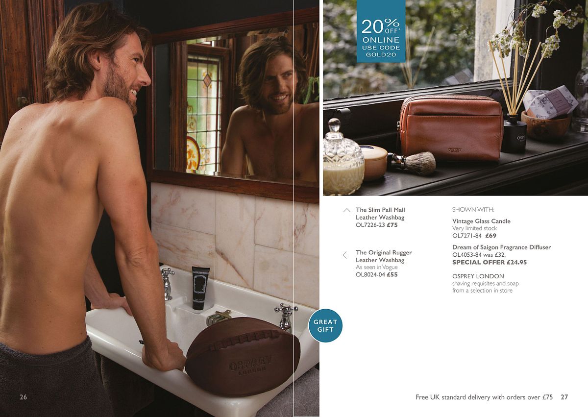 catalogue spread showing topless man at basin with shaving bag and accessories