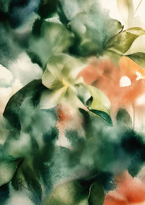 Soft botanical watercolour of peach and cream flowers surrounded by misty green foliage by Sarah Gough.