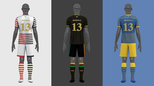 Back view of Venezia FC home, away, and third full kit concepts displayed side by side on mannequins.