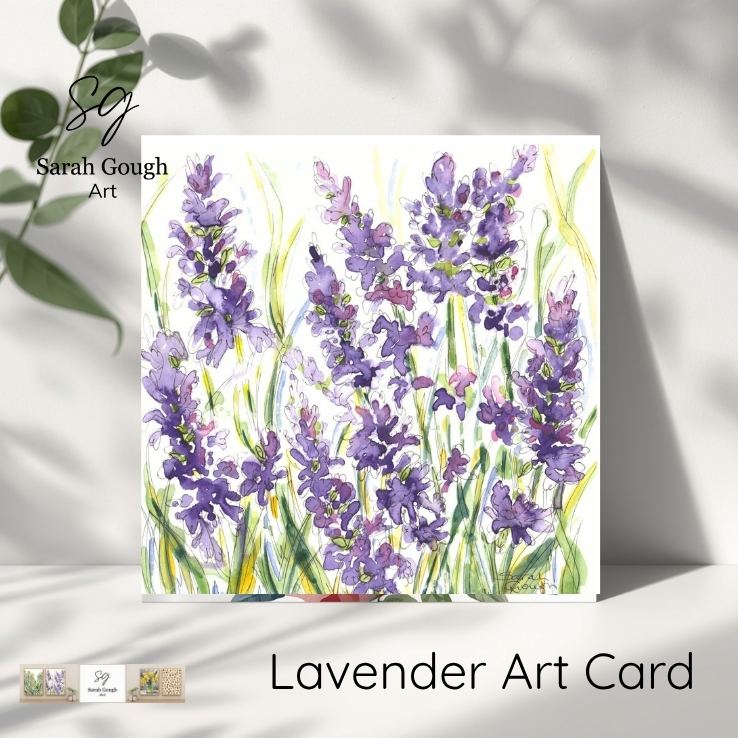 a small square art card on a window ledge of lavender drawn as illustration watercolour and pen.
