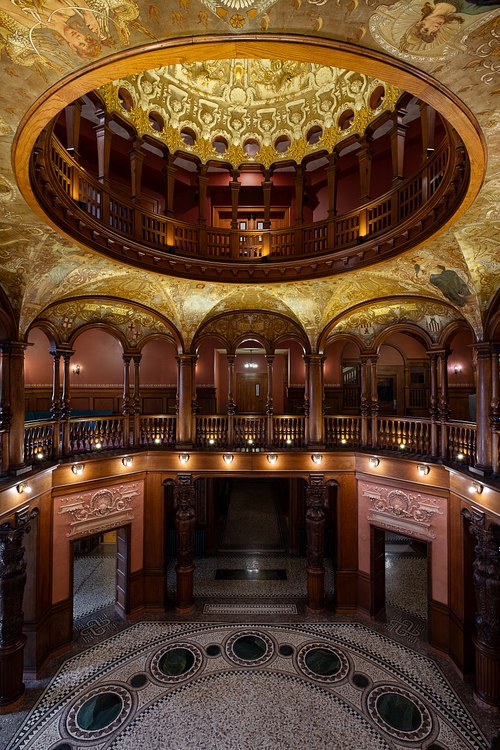 Mezzanine view of the historic rotunda and ceiling murals at Flagler College, St. Augustine.
