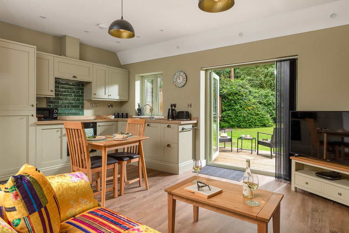 Modern open-plan kitchen and living area with dining table, sofa, TV, and open patio doors leading to a garden with outdoor seating.