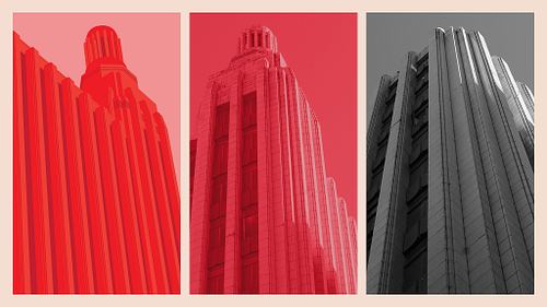 Layout presenting minimalist vector illustration alongside black-and-white and single-colour toned photography for the Century Building.