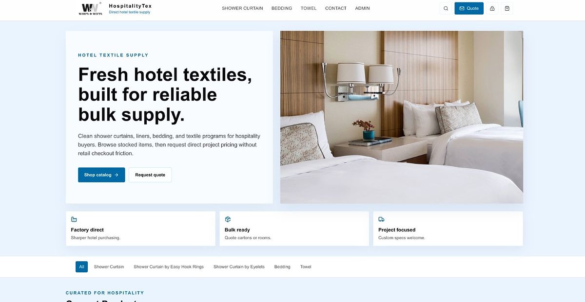 HospitalityTex homepage with a split hero and two calls to action, Shop catalog and Request quote