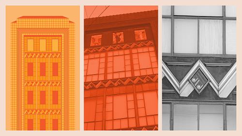 Layout presenting minimalist vector illustration alongside black-and-white and single-colour toned photography for Buckley & Nunn&rsquo;s Men&rsquo;s Store.