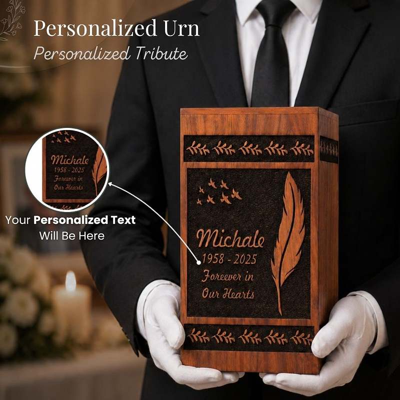 Engraved Feather Wooden Urn Box
