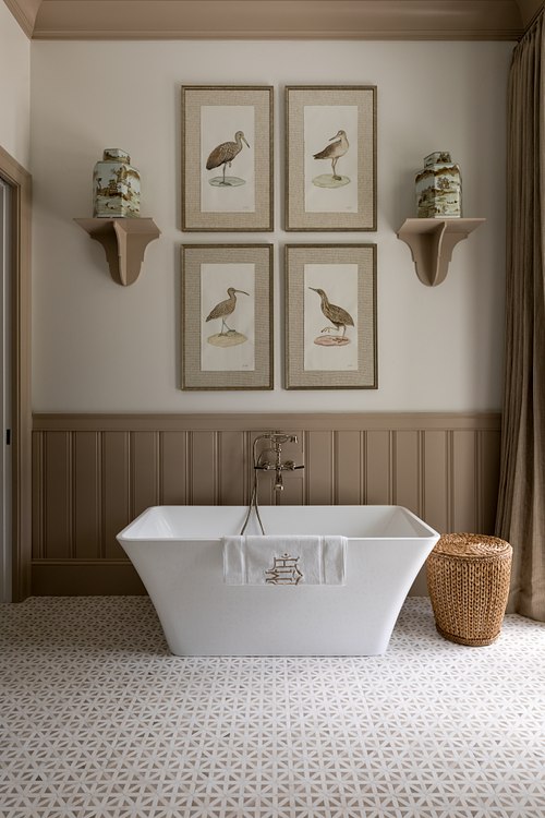 Freestanding tub and intricate tile work in a Davis Shores new build bathroom