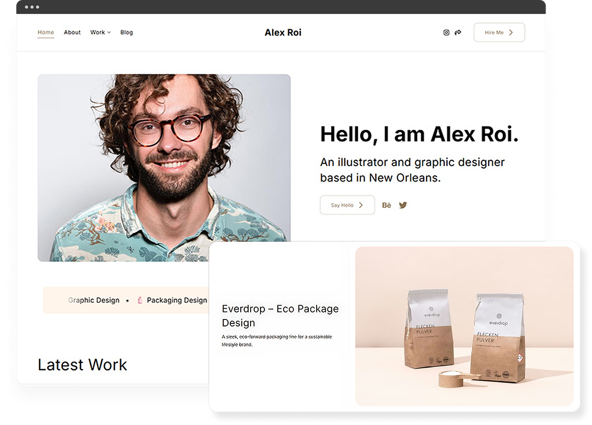 A Pixpa graphic design portfolio website on its own domain