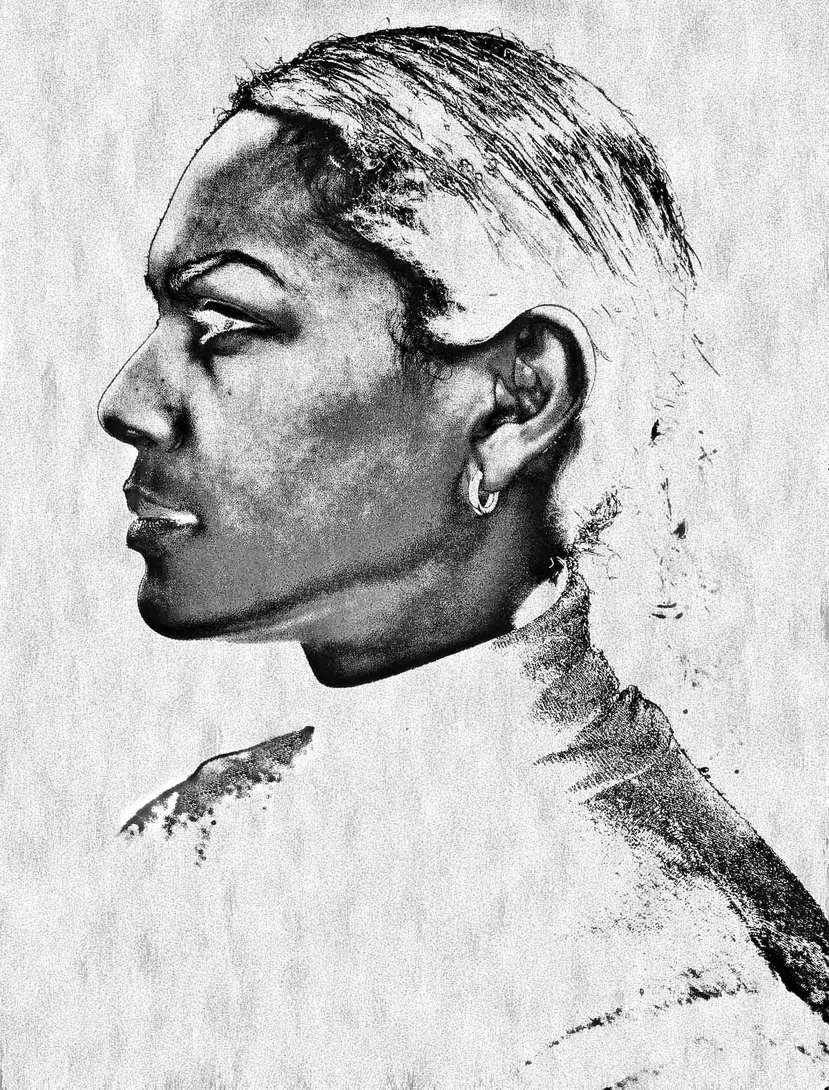 Solarised, profile portrait of a female on a dark background that appears almost white.