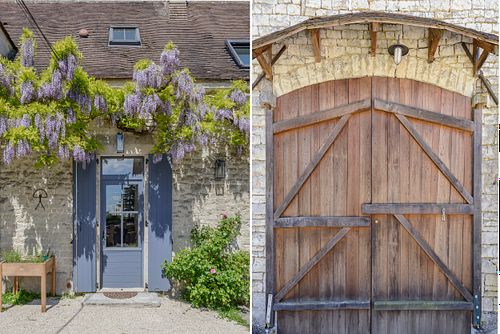 Diptyque photographique associant une façade recouverte de glycine à une grande porte en bois ancienne. Photographie par Nicolas Karadimos.