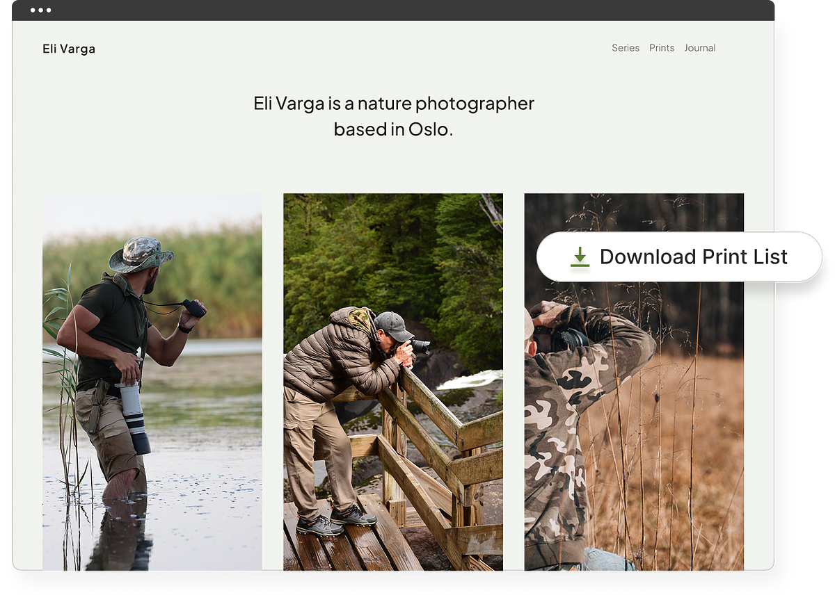 Un portafolio de fotografía de naturaleza con tienda, galerías de clientes y blog.