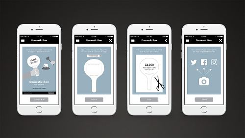 Layout presenting four mobile application mockups showing different stages of creating custom protest paddles: starting the process, entering and submitting a message, printing and cutting out the paddle, and sharing it on social media.
