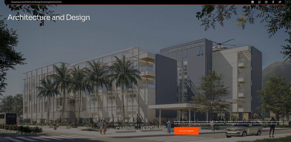 C. Barbaran portfolio, full-bleed render with a black nav bar and orange accent, Spain