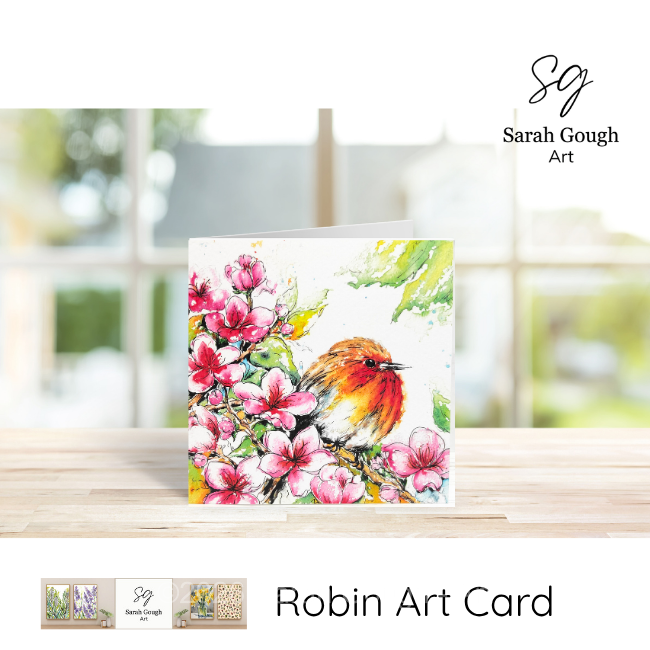 Robin and Spring Blossom | Spring Art Card | Watercolour | with Envelope