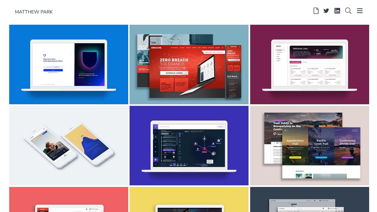 Matthew Park UX designer portfolio homepage, colour-blocked project tiles
