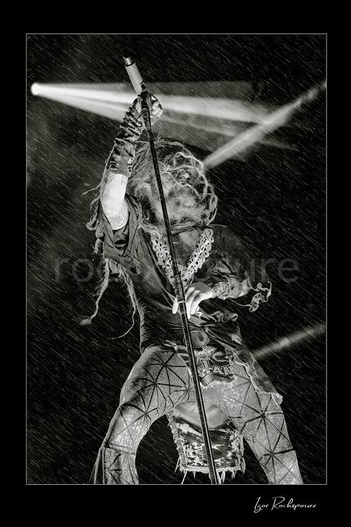 Vertical black and white image of Rob Zombie performing live on stage with raised microphone stand, flying dreadlocks, streaking rain, and dramatic backlighting