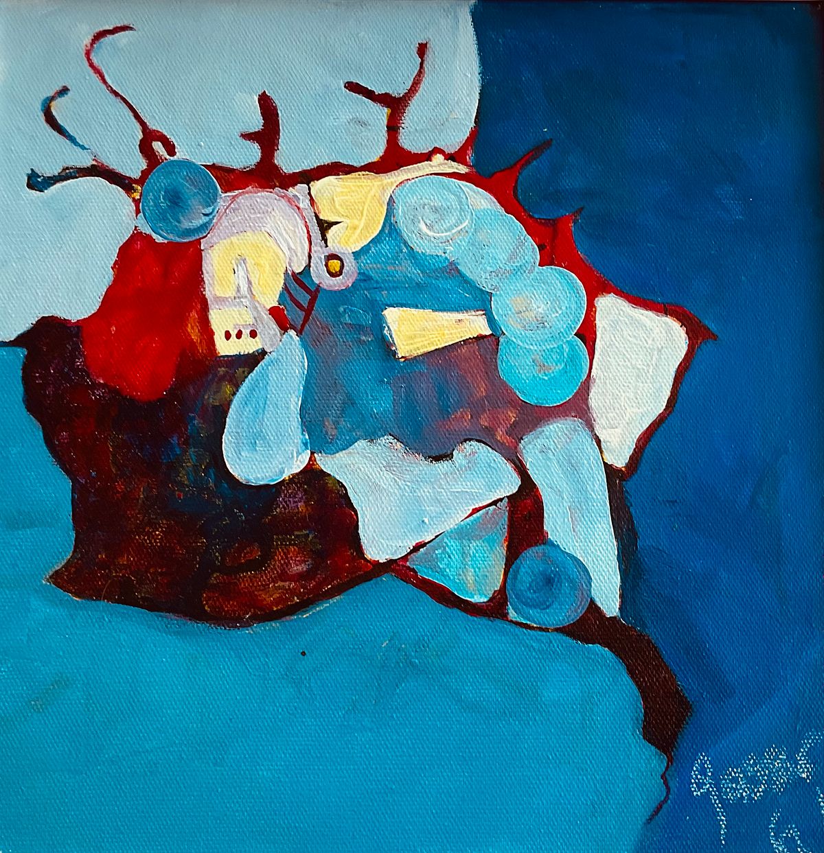 Abstrakte Acrylmalerei Serie "Funny Times", vier Bilder 30x30 cm, Blau Gelb Rot, verspielt energiegeladen, Sylvie Gasser , Abstract acrylic painting series "Funny Times", four paintings 30x30 cm, blue yellow red, playful energetic, Sylvie Gasser