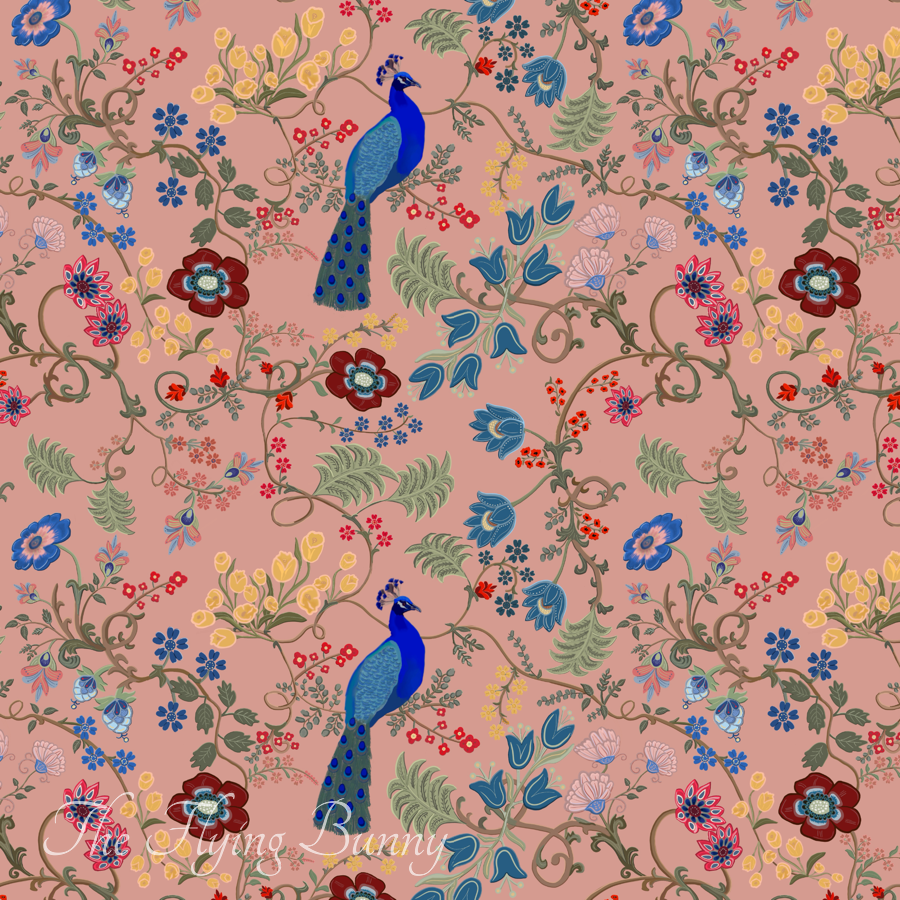 peacock, chintz, vintage floral, botanical, winding vines, ornamental, peach, blue, red, yellow, foliage, seamless pattern