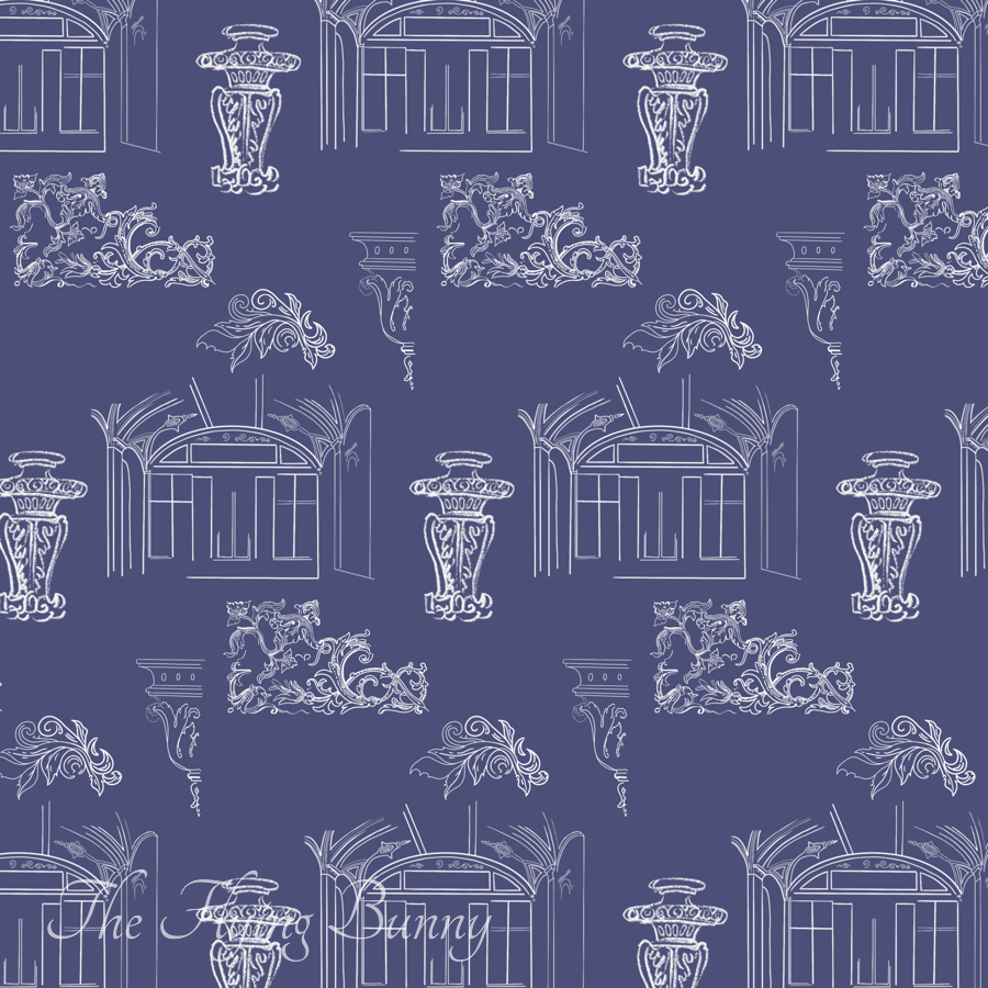White line drawings of neoclassical arches, columns, pedestals, and ornamental flourishes arranged in a repeating pattern on a dusty blue background.