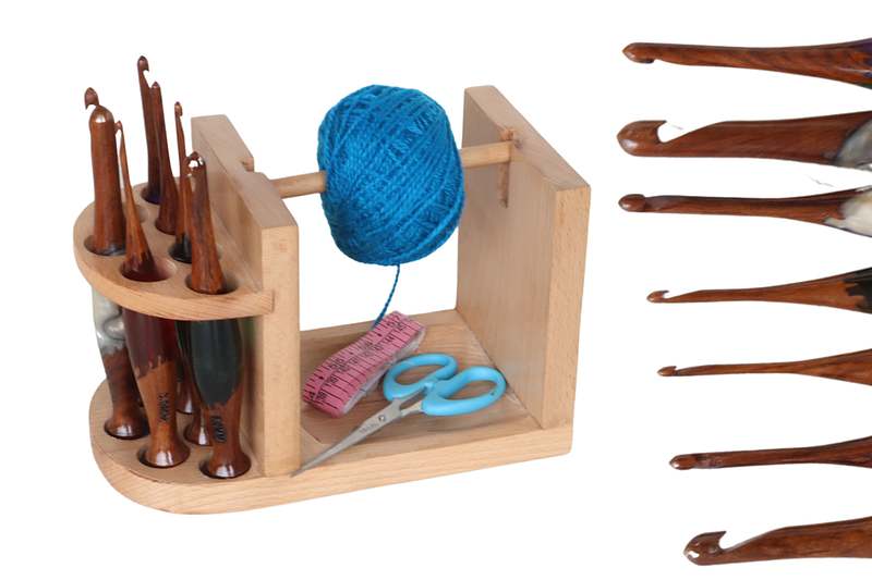 Handcrafted wooden yarn holder and crochet organizer